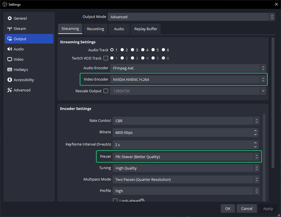 Encoder settings window